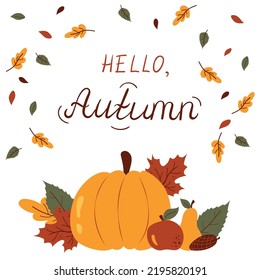 Poster template autumn lettering, postcard with leaves. Cartoon vector illustration