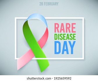 Poster template for awareness day on 28 february, with symbol of rare disease green, pink, blue ribbon. Vector illustration.