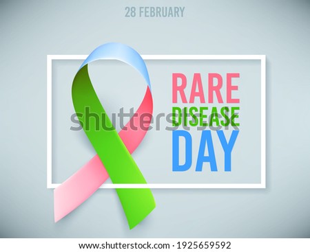 Poster template for awareness day on 28 february, with symbol of rare disease green, pink, blue ribbon. Vector illustration.