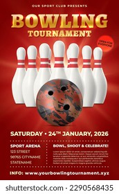 Poster template with ball, pins and sample text in separate layer for your bowling tournament - vector illustration