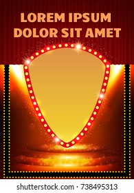 Poster Template banner with curtain and spotlights.  Design for presentation, banner, concert, show. Vector illustration