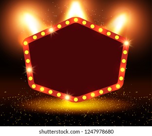 Poster Template banner with podium and spotlights. Design for presentation, banner, concert, show. Vector illustration