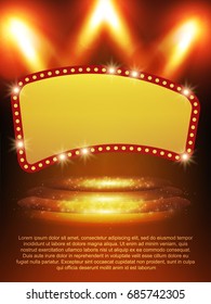 Poster Template banner with podium and spotlights.  Design for presentation, banner, concert, show. Vector illustration