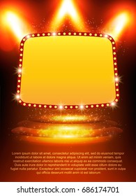 Poster Template banner with podium and spotlights.  Design for presentation, banner, concert, show. Vector illustration