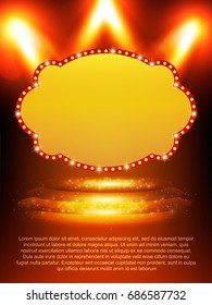 Poster Template banner with podium and spotlights.  Design for presentation, banner, concert, show. Vector illustration
