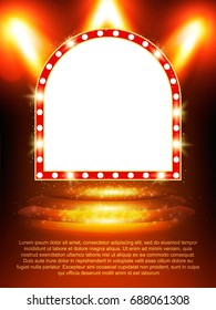 Poster Template banner with podium and spotlights.  Design for presentation, banner, concert, show. Vector illustration