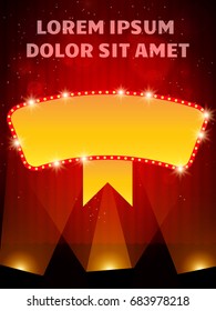 Poster Template banner with scene and spotlights.  Design for presentation, banner, concert, show. Vector illustration