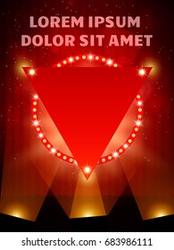 Poster Template banner with scene and spotlights.  Design for presentation, banner, concert, show. Vector illustration