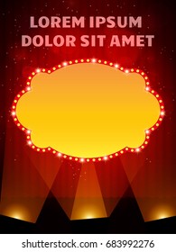 Poster Template banner with scene and spotlights.  Design for presentation, banner, concert, show. Vector illustration