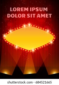Poster Template banner with scene and spotlights.  Design for presentation, banner, concert, show. Vector illustration