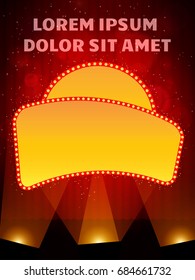 Poster Template banner with scene and spotlights.  Design for presentation, banner, concert, show. Vector illustration