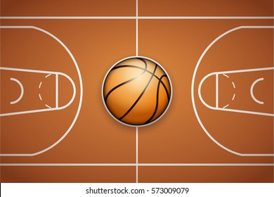 Poster Template with Basketball Ball on arena field. Cup and Tournament Advertising. Sport Event Announcement. Vector Illustration.