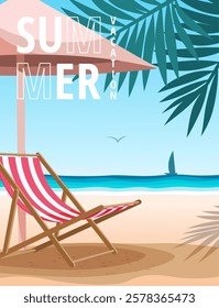 Poster template with beach background. A close-up of the beach chair under an umbrella and the seaside. Design for summer vacation advertising.