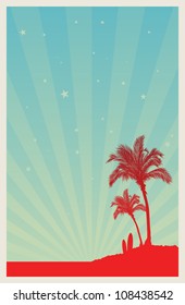 Poster template of a beach with palm trees and surfing boards, sky full of stars.