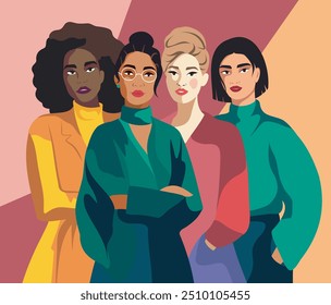 Poster template with beautiful women of different nationalities and religions. International Women's Day card. Movements for gender equality and women's empowerment. Vector illustration.