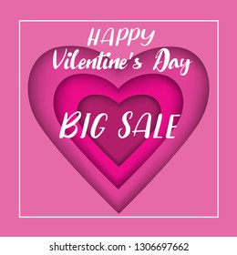 Poster template big sale with text and paper cut heart shape. Colorful vector illustration. 