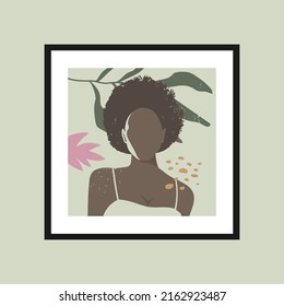 Plantilla de afiches con una mujer negra y elementos de la naturaleza.