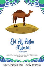 Poster template blue and green abstract theme of Happy Eid al-Adha with camel illustration