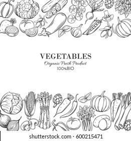 Poster template borders with hand drawn vegetables for farmers market menu design. Vector vintage illustration.