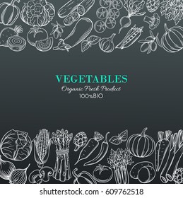 Poster template borders with hand drawn vegetables for farmers market menu design. White on black. Vector vintage illustration.