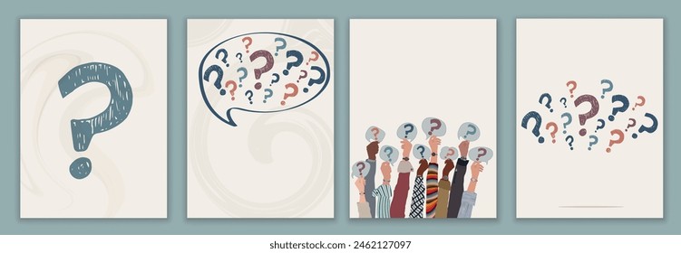 Poster - template or brochure with Raised hands of people holding a speech bubble with a hand-drawn question mark symbol. Concept of choice - problem - question -doubt - or query. FAQ
