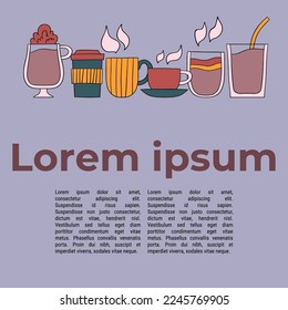Poster template for cafe. Coffee cups  and mugs with coffee, capuccino, latte. Vector illustration