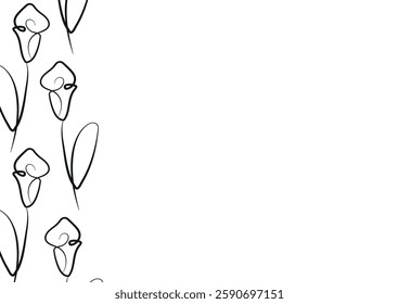 poster template with calla lily flower icons from stems in line art style drawn with original outline, for logos, designs or ornaments