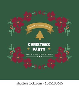 Poster template of christmas party, with decorative element of green leaves frame and red flower. Vector