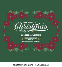 Poster template of christmas party, with decorative element of green leaves frame and red flower. Vector