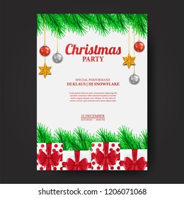 Poster template of Christmas party event with vector illustration of gift box and fir garland