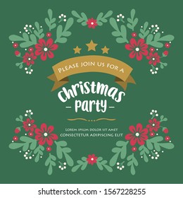 Poster template of christmas party, with green leaves frame and red flower, isolated on dark green background. Vector
