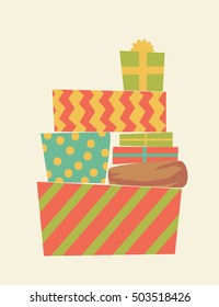 Poster template with christmas presents. Winter vector illustration on beige background.
