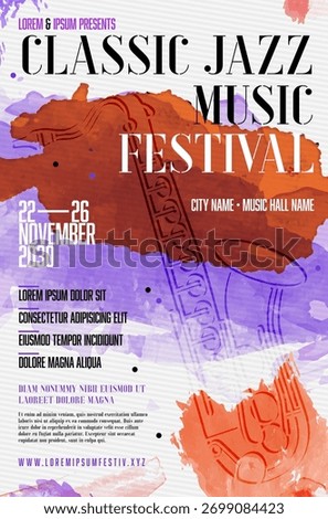 Poster template for classic jazz music festival features stylized saxophone silhouette and watercolor splashes background. Vector illustration.