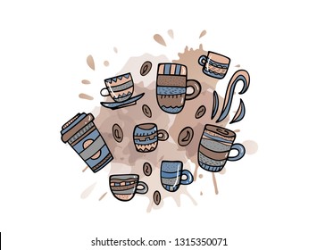Poster template with coffee cups. Set of mugs with hot beverage in doodle style. Vector illustration.