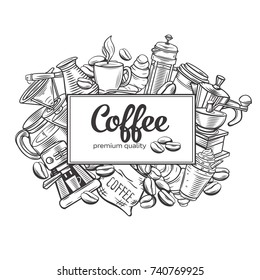 Poster template coffee page design with vector sketch cups, hot drinks, French press, brewer for label menu cafe and coffeehouse