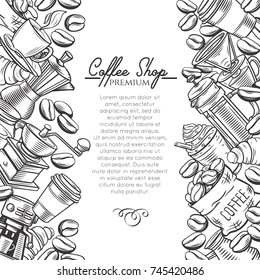 Poster template coffee page design with vector sketch cups, hot drinks, French press, brewer for label menu cafe and coffeehouse.