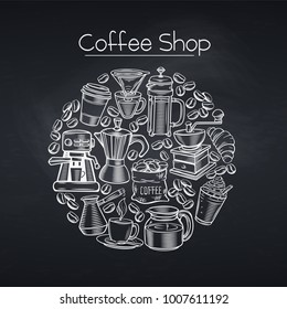 Poster template coffee shop design with sketch cups, hot drinks, French press, brewer for menu cafe. Chalkboard style.