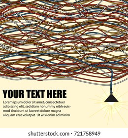 Poster template with colorful wires,lamp with light and text sample.Lines pattern.For technology,business cover page design.Vector illustration.