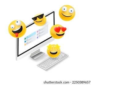 Plantilla de afiches con ordenador, emojis y espacio de copia. Isometric vector ilustración con pc
