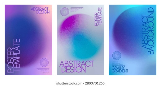 Poster template, cover, presentation. A set of vertical backgrounds with an abstract shape of the planet with a grain gradient texture. Blue, purple, silver colors.