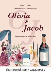 Poster template with cozy chic wedding concept,watercolor style
