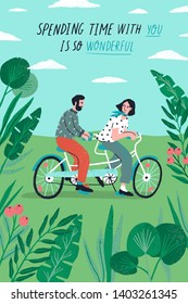 Plantilla de afiches con una pareja montada en bicicleta tándem en el parque y frase romántica. Joven y chica enamorada o pareja de amantes en bicicleta. Dibujo vectorial plano para el Día de San Valentín.