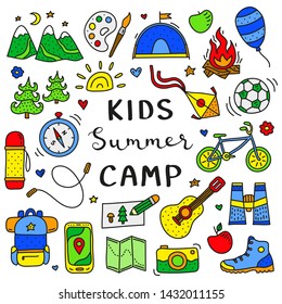 Poster template with cute doodle colored kids camp, outdoor icons and lettering isolated on white background.