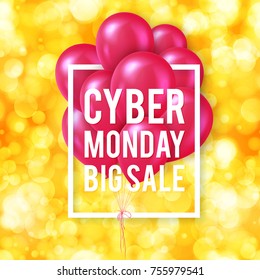 Poster template for Cyber monday sale with realistic pink balloons. Vector illustration.