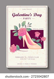 Postervorlage für Galentinstag-Party mit Vektorgrafik High Heel Schuh und rosa Rosen. Stilvolles romantisches Design für Frauenfeier, Freundschaftsveranstaltung, Einladungen, Flyer.