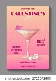 Póster Plantilla para el día de San Valentín con Ilustración vectorial de copas elegantes y cubitos de hielo. Diseño de invitación rosa con estilo para la noche de las niñas, celebración de la amistad, eventos de la vida nocturna, volantes.