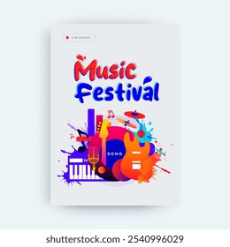 poster template design to enliven a music concert. A lively party celebration featuring guitar, drum, mic, trumpet and piano musical instruments. music festival design concept