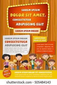 Poster template design with happy cartoon family. Wood wall.
