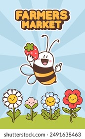 Poster template design with image of cartoon bee holding ripe strawberries and with cute flowers. Invitation banner or advertising flyer of farmers market event, harvest festival. Vector illustration