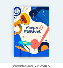 Diseño de Plantilla de cartel para concierto de música. Las animadas celebraciones de la fiesta cuentan con instrumentos musicales, trompetas, discos de vinilo, tambores. Hay Elementos musicales. Concepto de diseño de festival de música